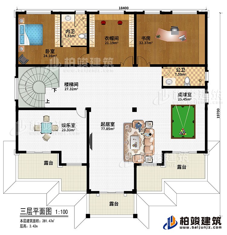 三層：臥室、衣帽間、書房、樓梯間、起居室、桌球室、娛樂室、公衛(wèi)、內(nèi)衛(wèi)、3露臺