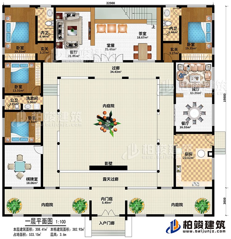 一層：入戶門廊、內(nèi)門庭、3內(nèi)庭院、棋牌室、廚房、餐廳、候廳、客廳、堂屋、茶室、2玄關(guān)、4臥室、2內(nèi)衛(wèi)、公衛(wèi)、影壁