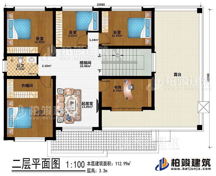 二層：樓梯間、起居室、4臥室、衣帽間、書房、公衛(wèi)、露臺
